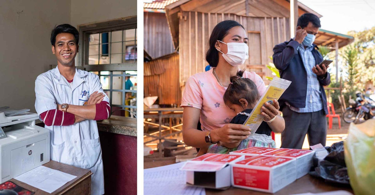 Mr. Lonh, and right Solina and her mother, at the UNICEF screening station in her village receiving resources and treatment options to help her recover from severe acute malnutrition.