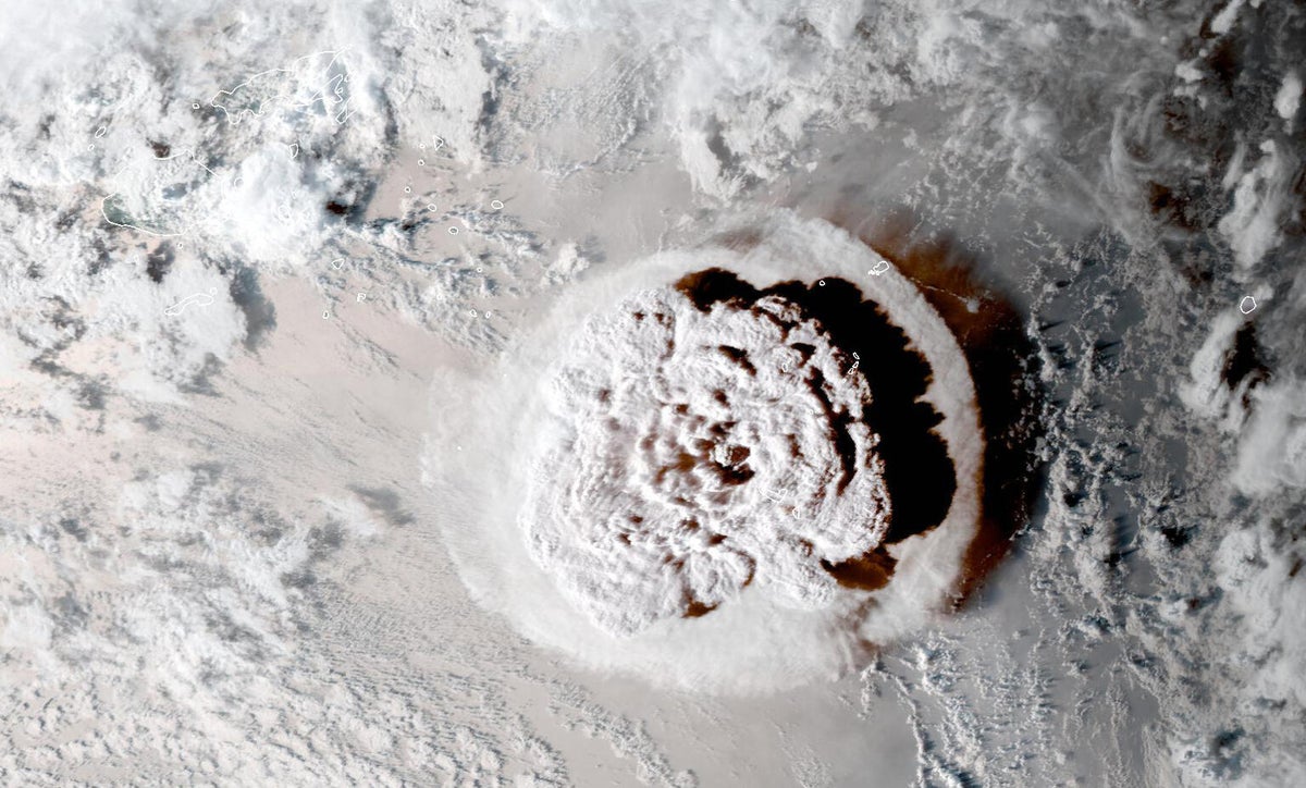 A satellite image of the volcano explosion
