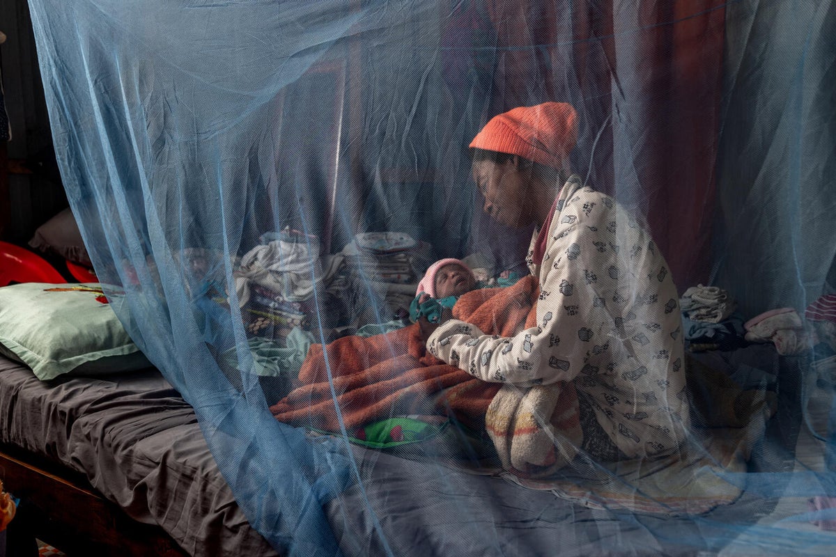 A mother cradles her newborn, just one day old, under a mosquito net in Madagascar.