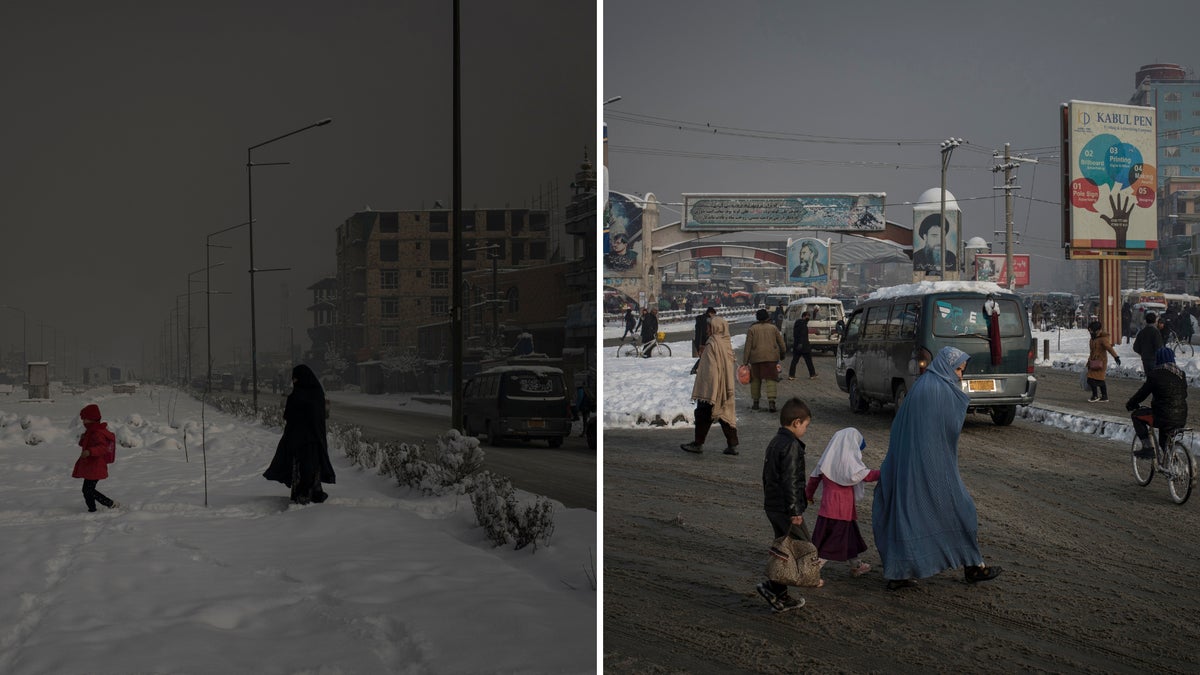 Children and families walk in the polluted air of the city.