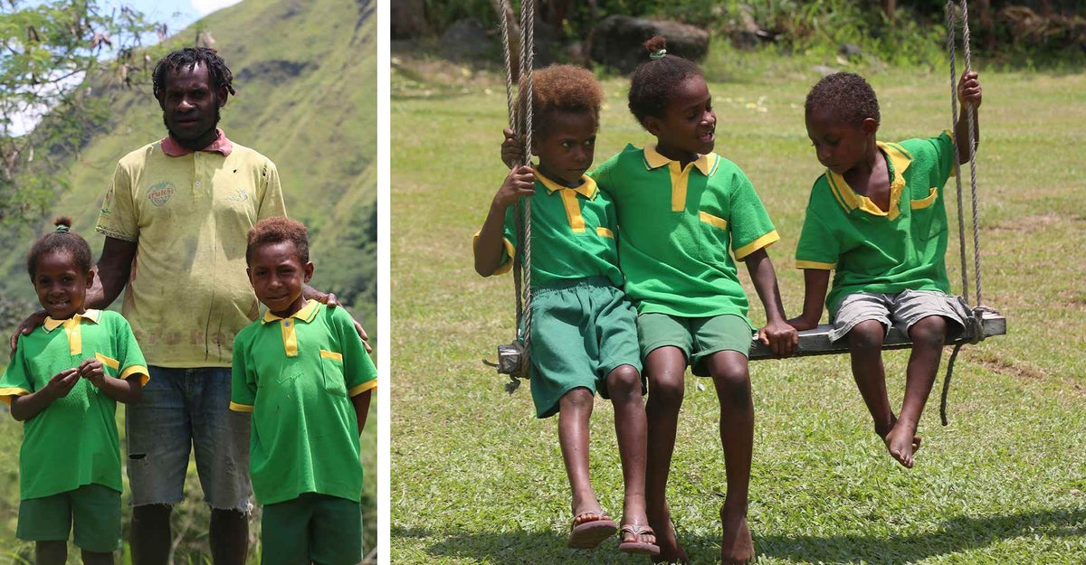 Peter (middle) with his children 6-year-old Margie and 7-year-old Abison and right, pre-schoolers at play at an ECD centre