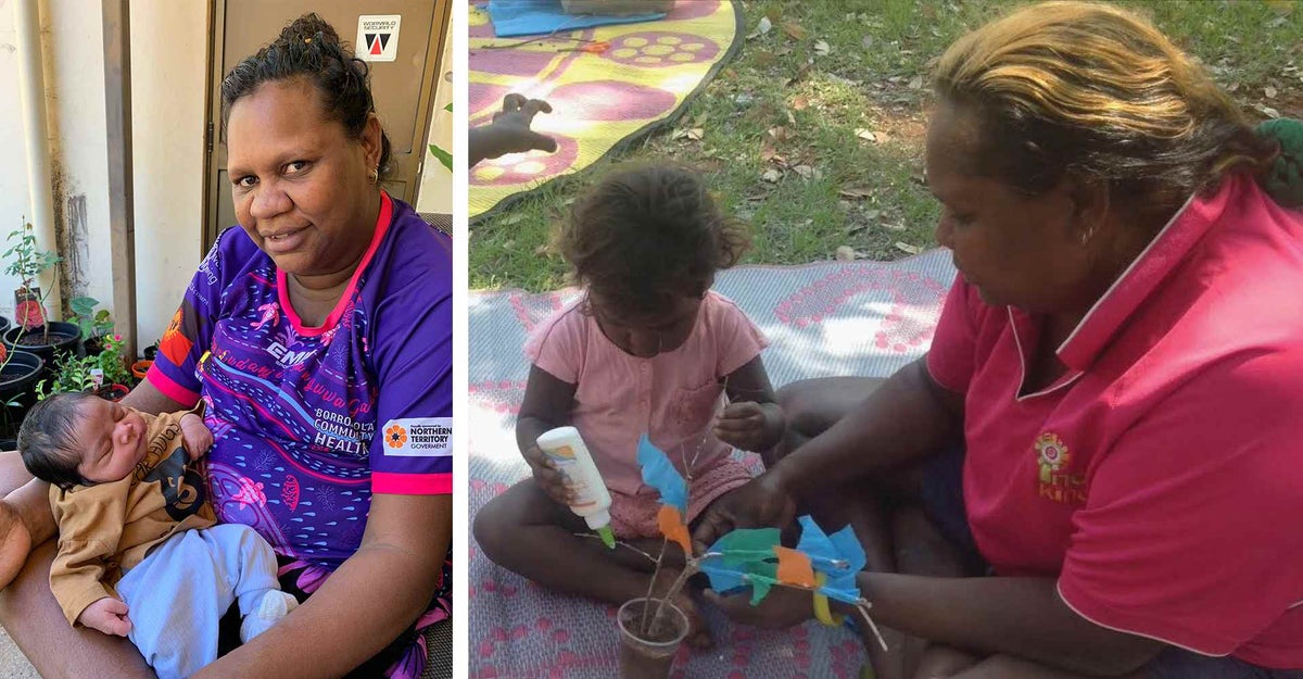 Deandra holds her newborn baby Lloyd (left) and right Deandra at work as an Indi Kindi educator.