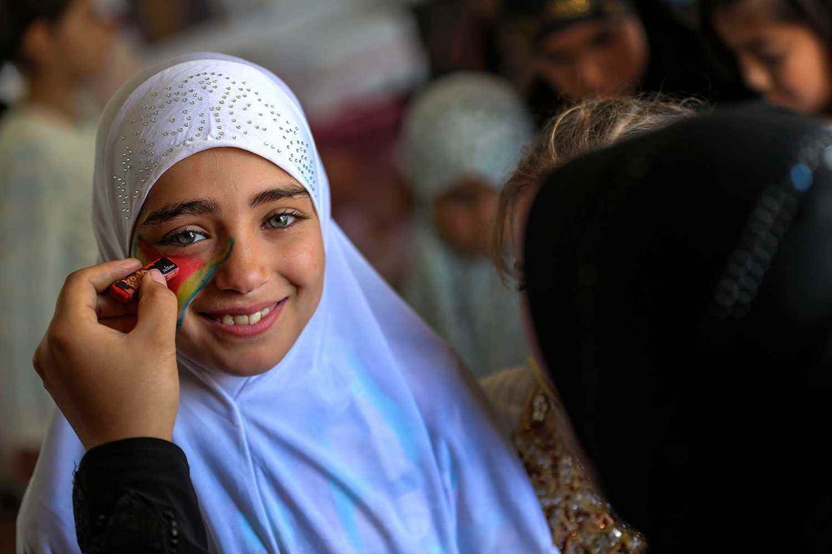 In March 2016, 10-year-old Zayneb has her face painted at the opening of a UNICEF-supported child-friendly space at a camp for displaced Iraqis in Karbala. 
