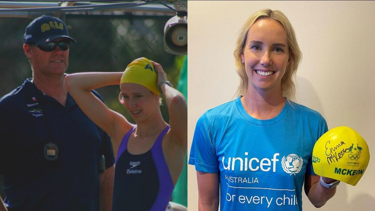 Emma as a young teen with her father / Emma with a signed swimming cap