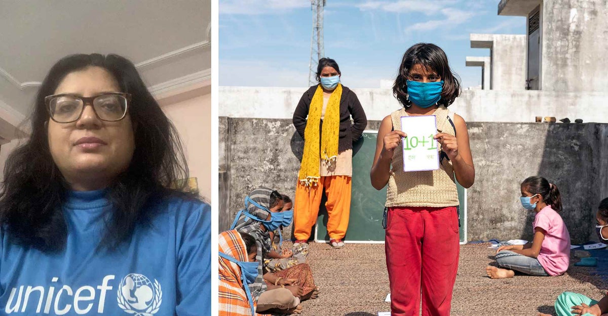 Sonia Sarkar, (left) UNICEF Communication Officer, in New Delhi in India. Payal, 11, (right) attends a UNICEF-supported learning centre while physical distancing.