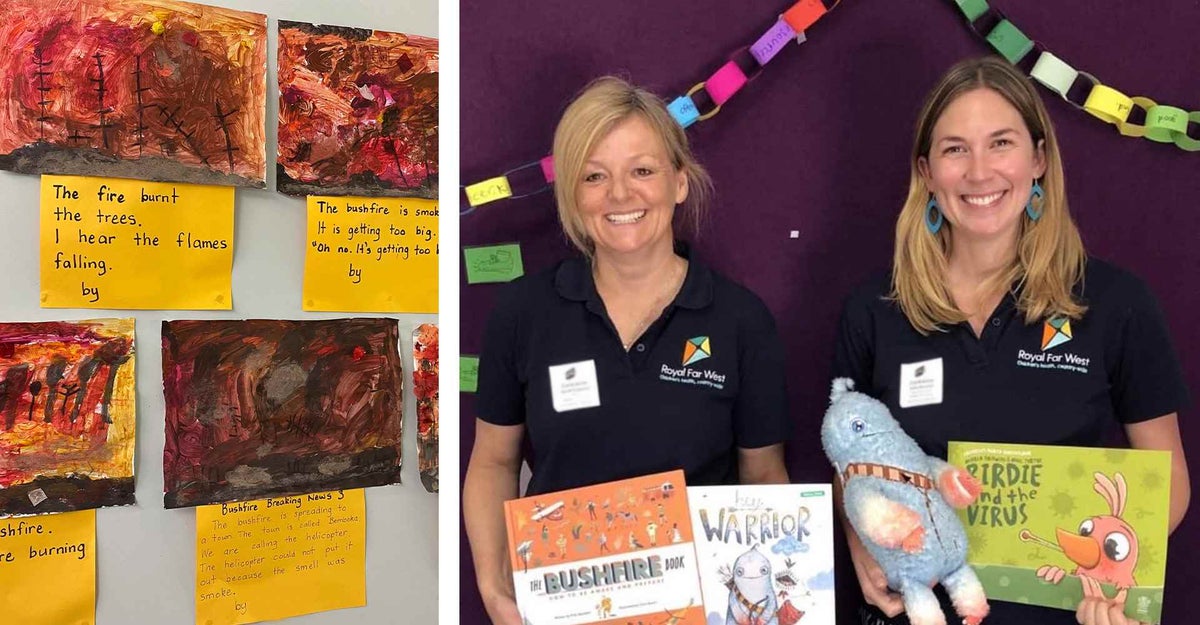 Drawings by children recovering from the bushfires, and right, Sarah and Billie from Royal Far West with toys and books. They use in group sessions.