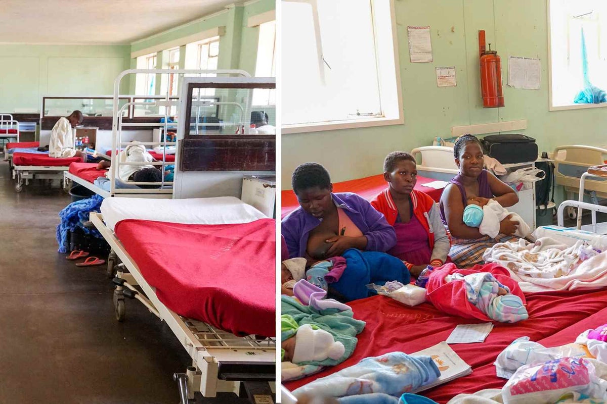 Left: The maternity ward of a district hospital. Right: Women who have given birth in the last 24 hours attend their final education session on how to wrap their babies and breastfeed safely