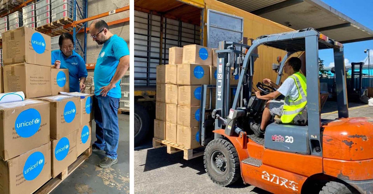 Water and hygiene, early childhood development, recreation, and school-in-a-box kits, water containers and plastic tarpaulins are packed today and ready to be shipped to cyclone affected areas in Fiji