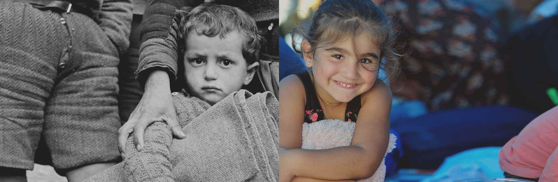Two children. One in black and white photograph, the other in colour.