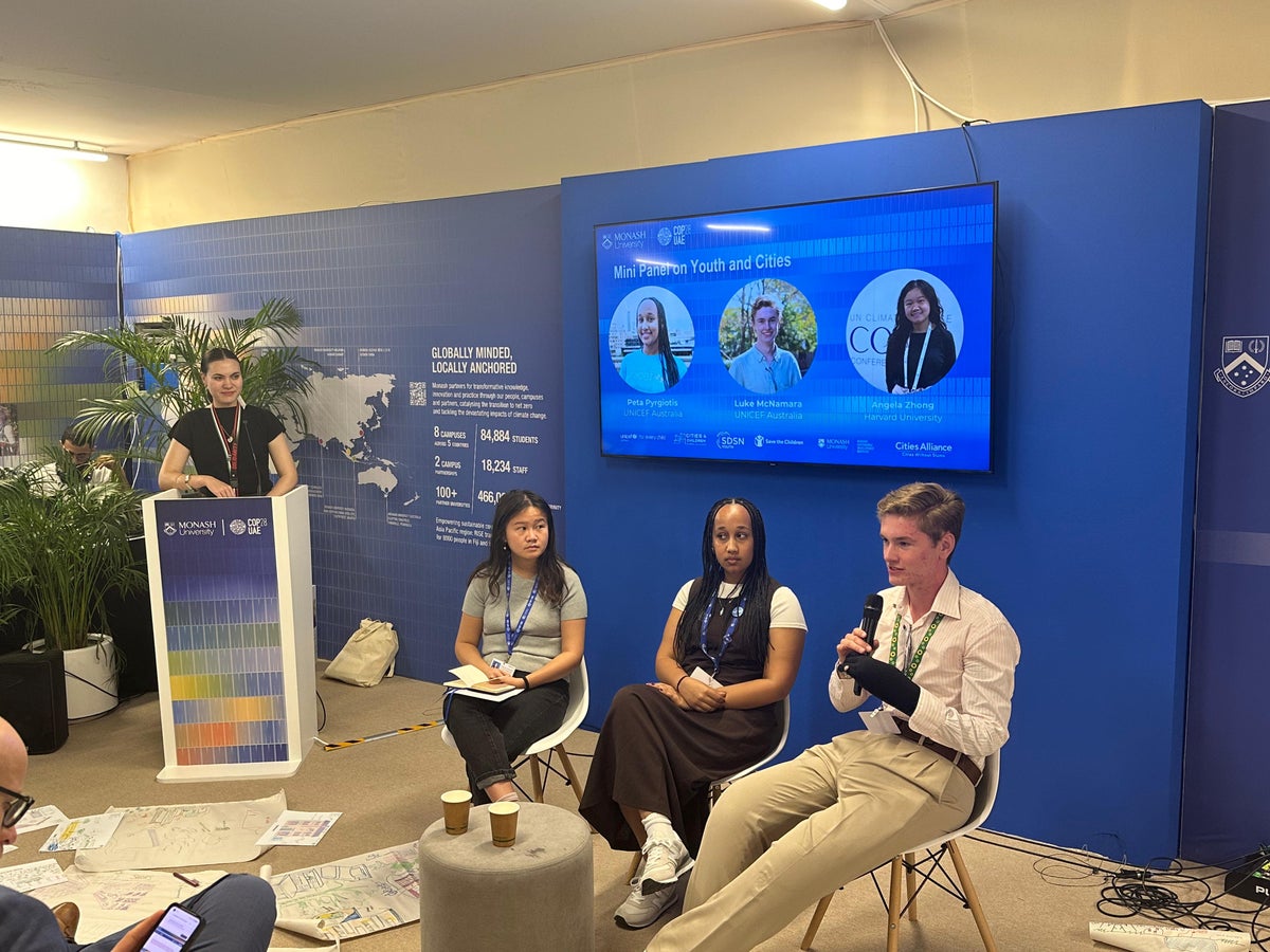 UNICEF Australia Young Ambassadors Peta and Luke participate in a youth panel discussion at COP28 in Dubai, United Arab Emirates.