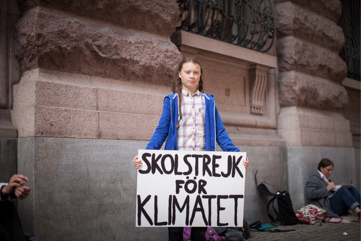 Greta Thunberg holds up a sign saying 'Skolstrejk för klimatet' (School Strike for Climate) outside Swedish Parliament.