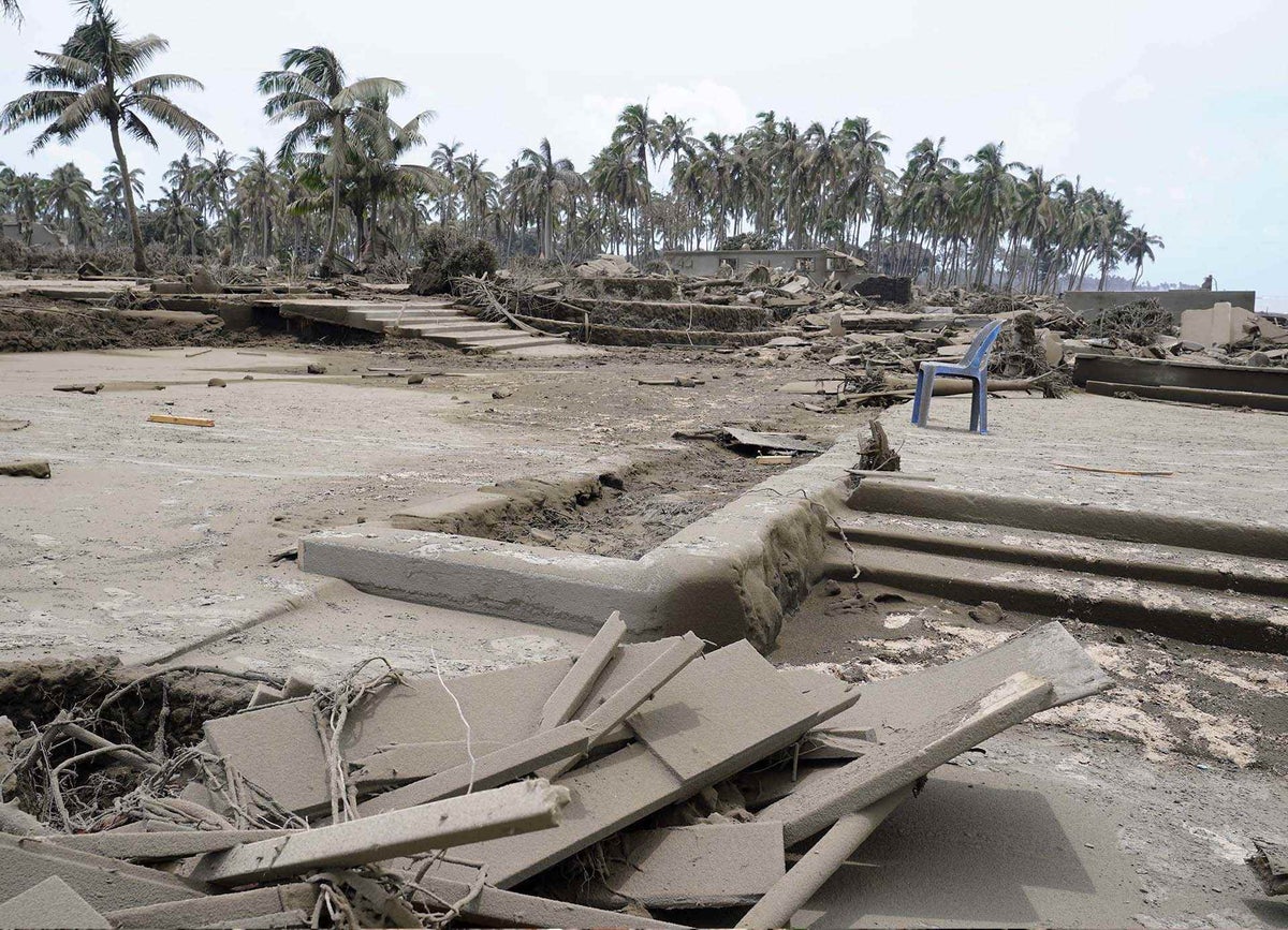 Destroyed beach resorts in on Tonga's main island Tongatapu following the eruption of the nearby Hunga Tonga-Hunga Ha’apai underwater volcano. 
