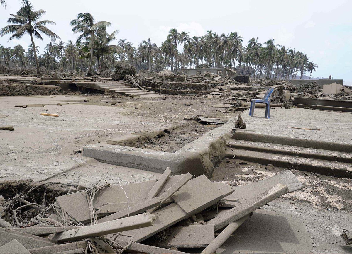 Destroyed beach resorts in on Tonga's main island Tongatapu following the eruption of the nearby Hunga Tonga-Hunga Ha’apai underwater volcano.