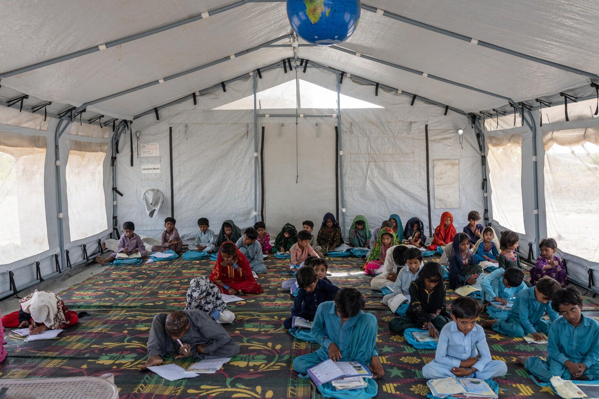 Children study at a UNICEF-supported Temporary Learning Center. Almost overnight, millions of Pakistan’s children lost access to education as tens of thousands of schools were damaged or destroyed. 