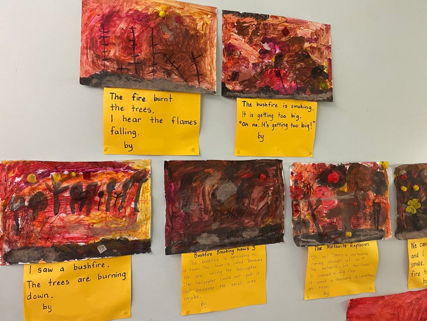 Drawing from children with messages about what they felt during the fires.
