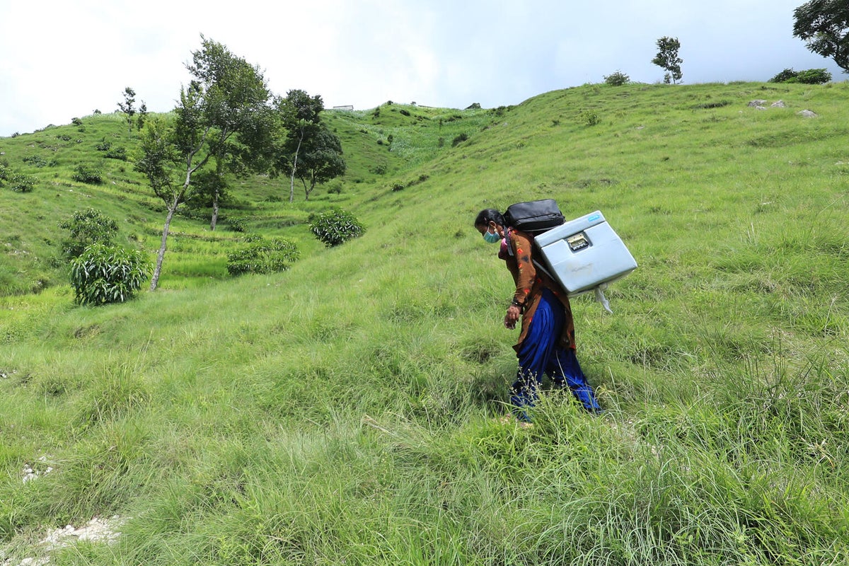 A woman is carrying a cooler box on her back and she is walking through a field.