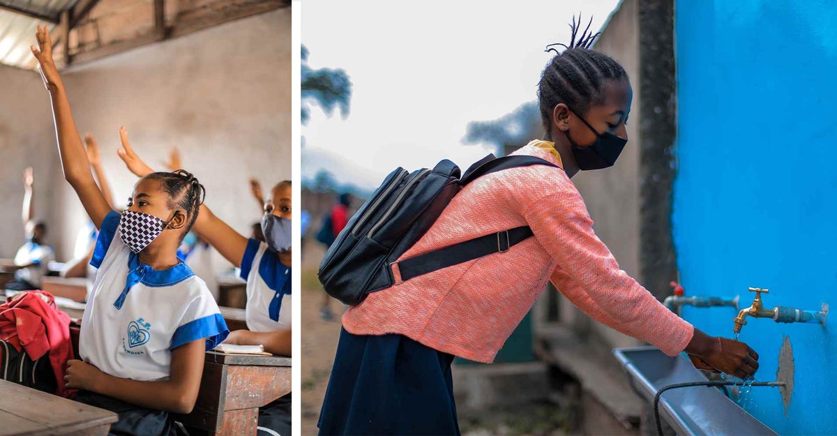 Students at Primary School Tobongisa in Kinshasa, DRC are wearing masks and washing their hands regularly to prevent the spread of COVID-19.