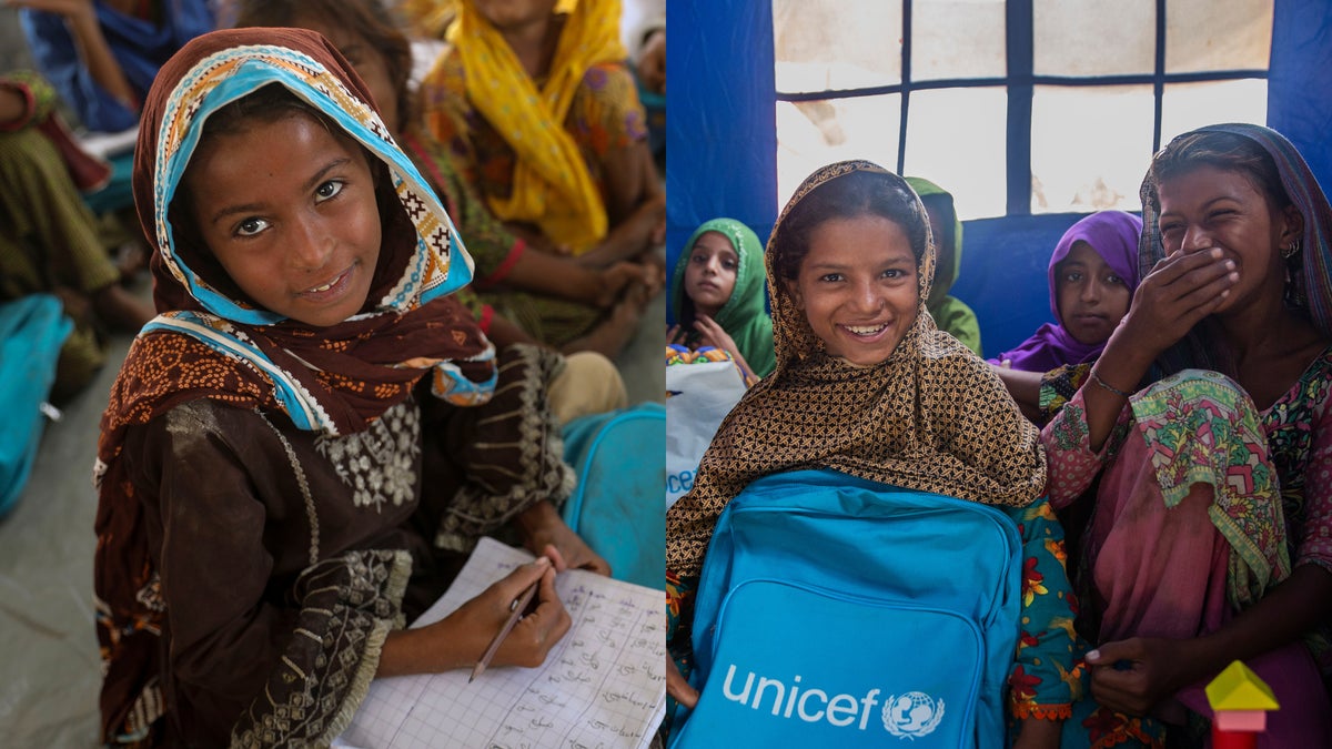 Girls in class with their UNICEF backpacks