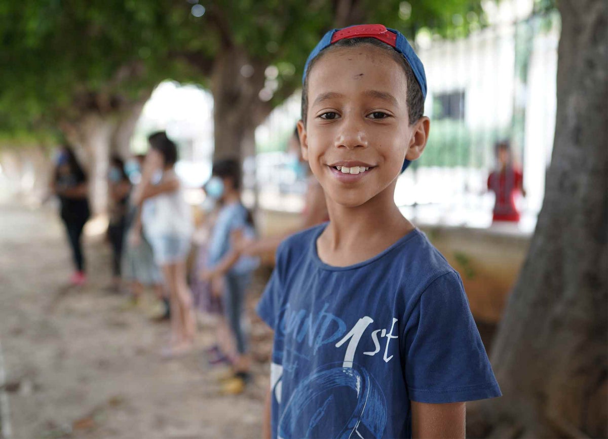 Abdel, 10, participates in psychosocial support activities at UNICEF's child-friendly space in Beirut, Lebanon.