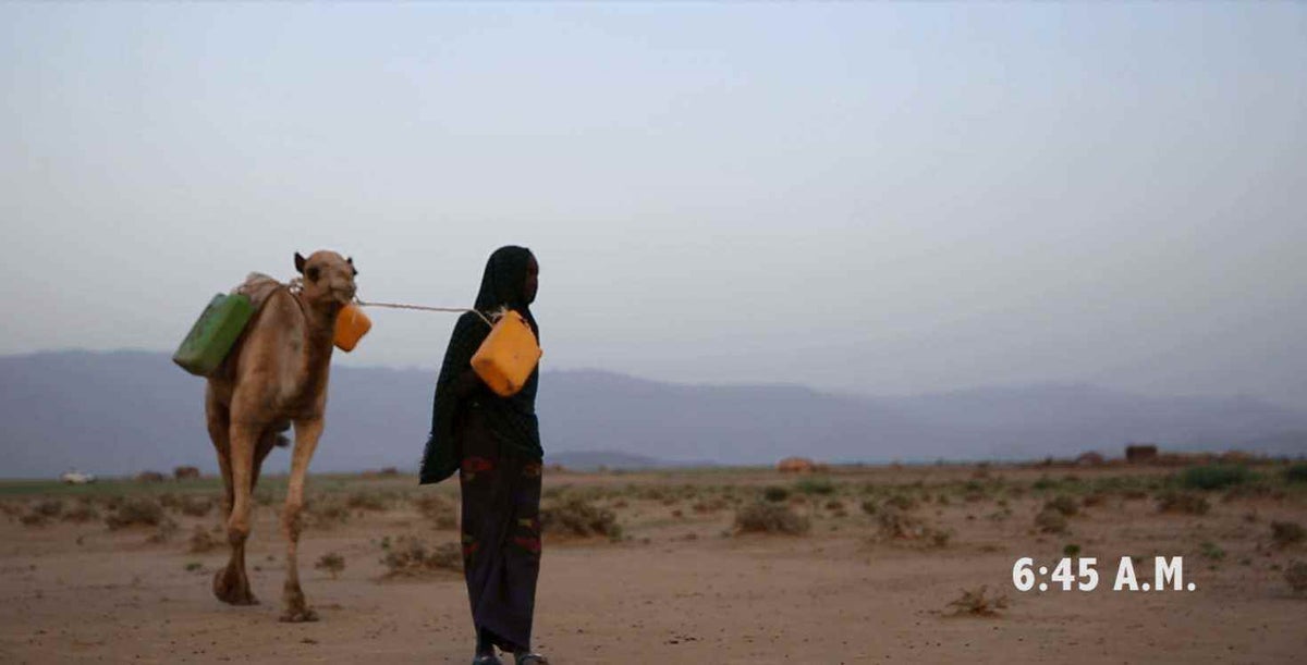 Girl walking with camel to collect water
