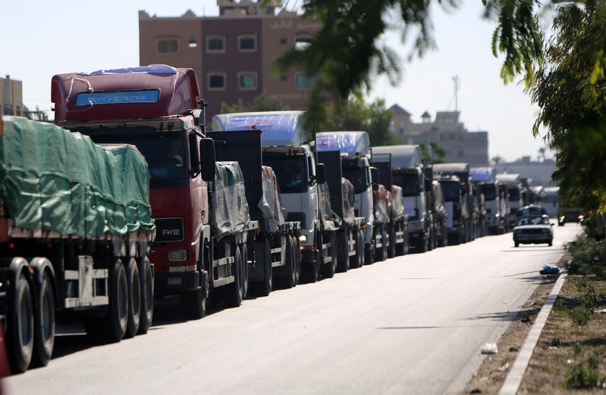 A 20-truck aid convoy entered the Gaza Strip through the Rafah crossing border on 21 October 2023, carrying lifesaving medicines, food supplies and bottled water.
