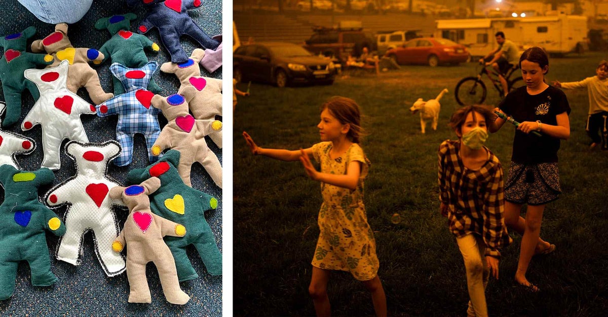 A collection of handmade Think Feel Do bears, and right, children play at the showgrounds in New South Wales where they are camping after being evacuated from nearby sites affected by bushfires