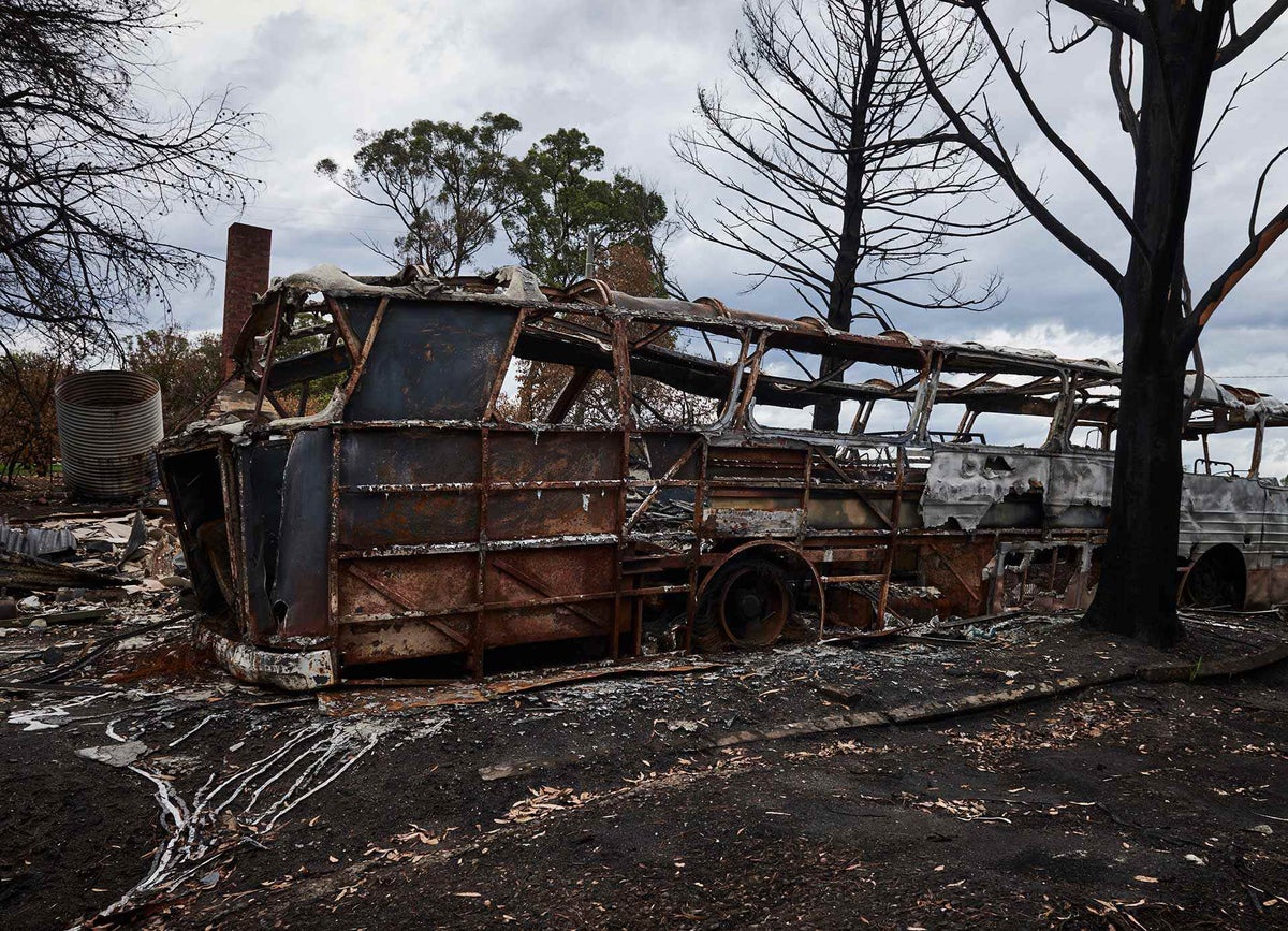 The structure of a burnt down bus.