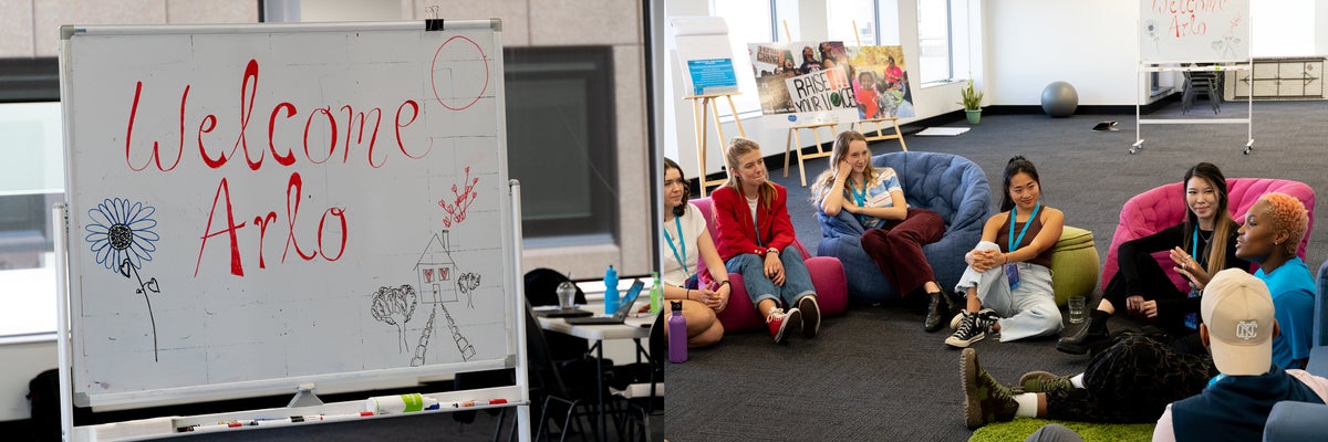 Two images side by side. One is a whiteboard what says 'Welcome Arlo'. The other one is a group of young people seating on bean bags and talking. Arlo Parks is in the image.