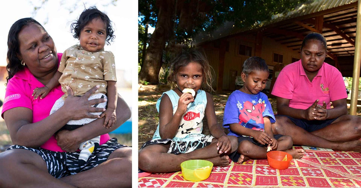 Left, Deandra at work as an Indi Kindi educator and right, children eat a healthy snack.