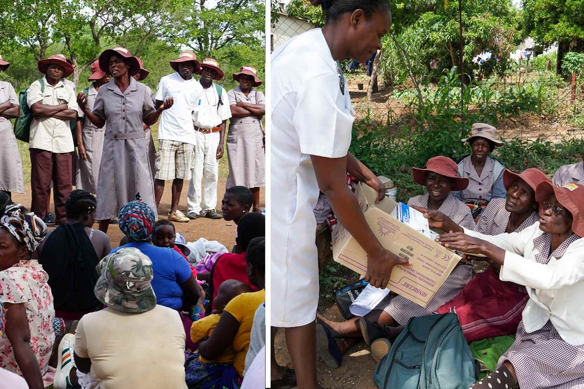 Left: Village Health Workers run a Health Promotion session for surrounding community members.  Right: Village Health Workers come in each month to meet 