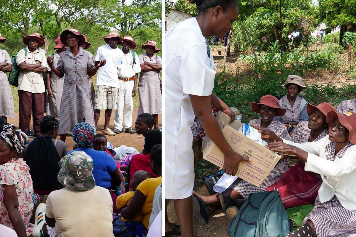 Left: Village Health Workers run a Health Promotion session for surrounding community members. Right: Village Health Workers come in each month to meet