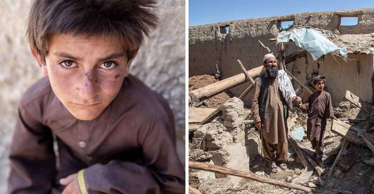 Avalden is pictured (left) after he was rescued by his father (pictured right) and family members from underneath the rubble of his collapsed home (pictured right). 