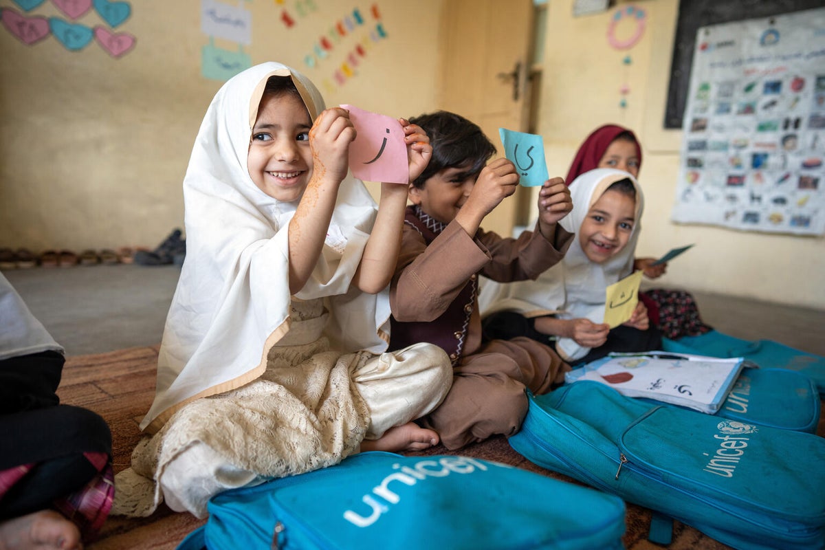 In Afghanistan, five-year-old Kalsoom attends an early childhood education class at the UNICEF-supported school in eastern Afghanistan.