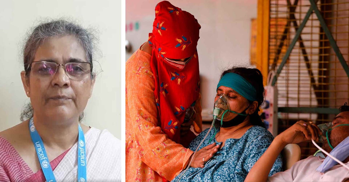 Dr. Kaninika Mitra, (left) a Health Specialist working in West Bengal for UNICEF. People suffering from breathing difficulty receive oxygen assistance in Ghaziabad, in the Indian state Uttar Pradesh