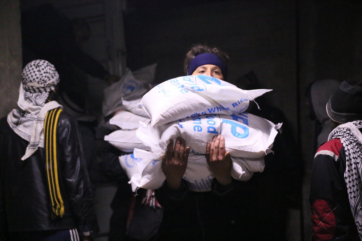 A boy is carrying bags of what looks like rice.