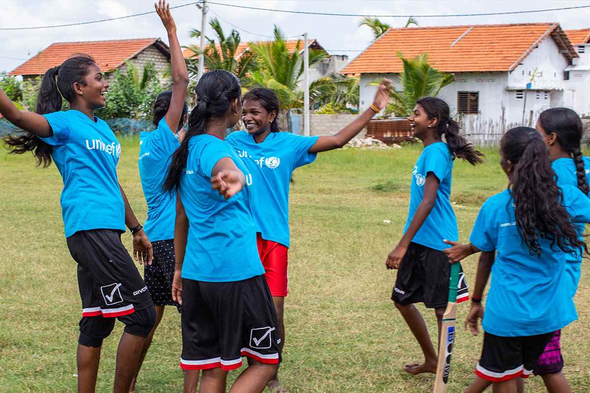 A Sri Lanka girls cricket team celebrating