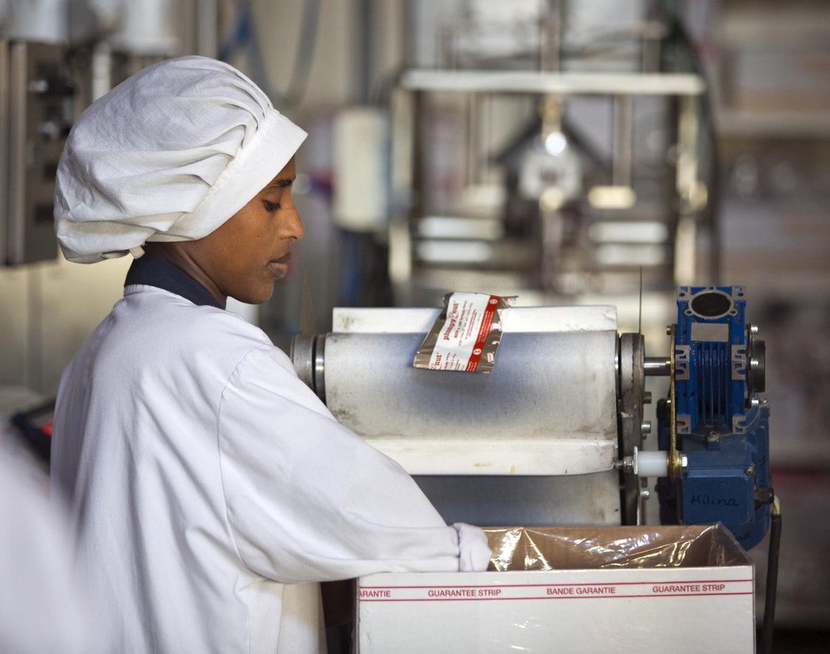 Packs of RUTF being packaged in Ethiopia.