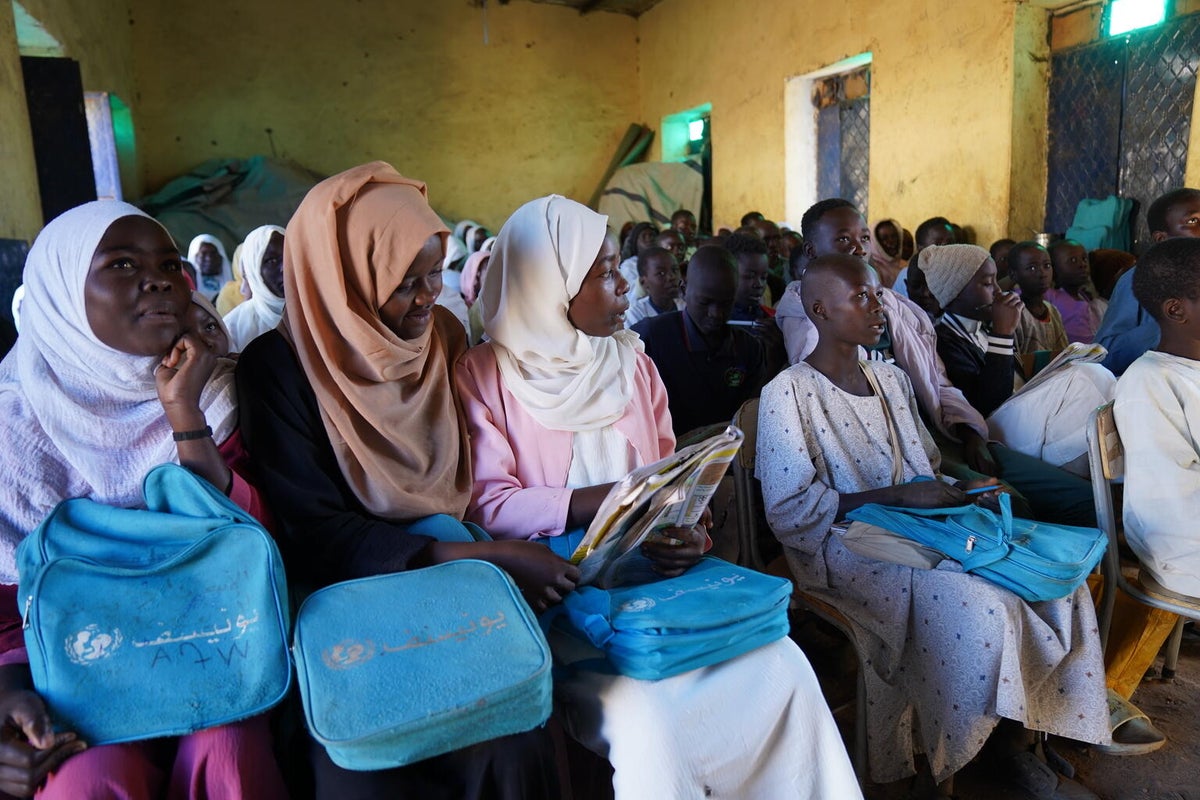 Young people attend lessons at a primary school in Sudan.