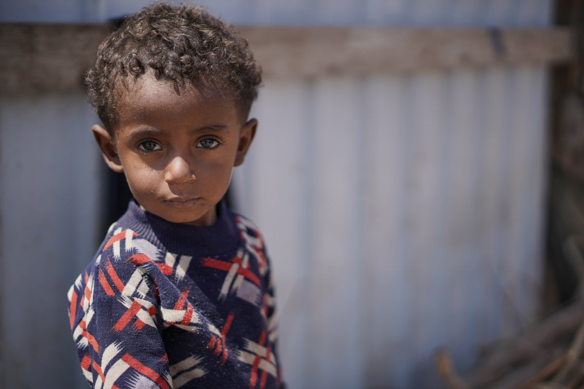 Small child in knitted jumper stares at the camera with brown eyes