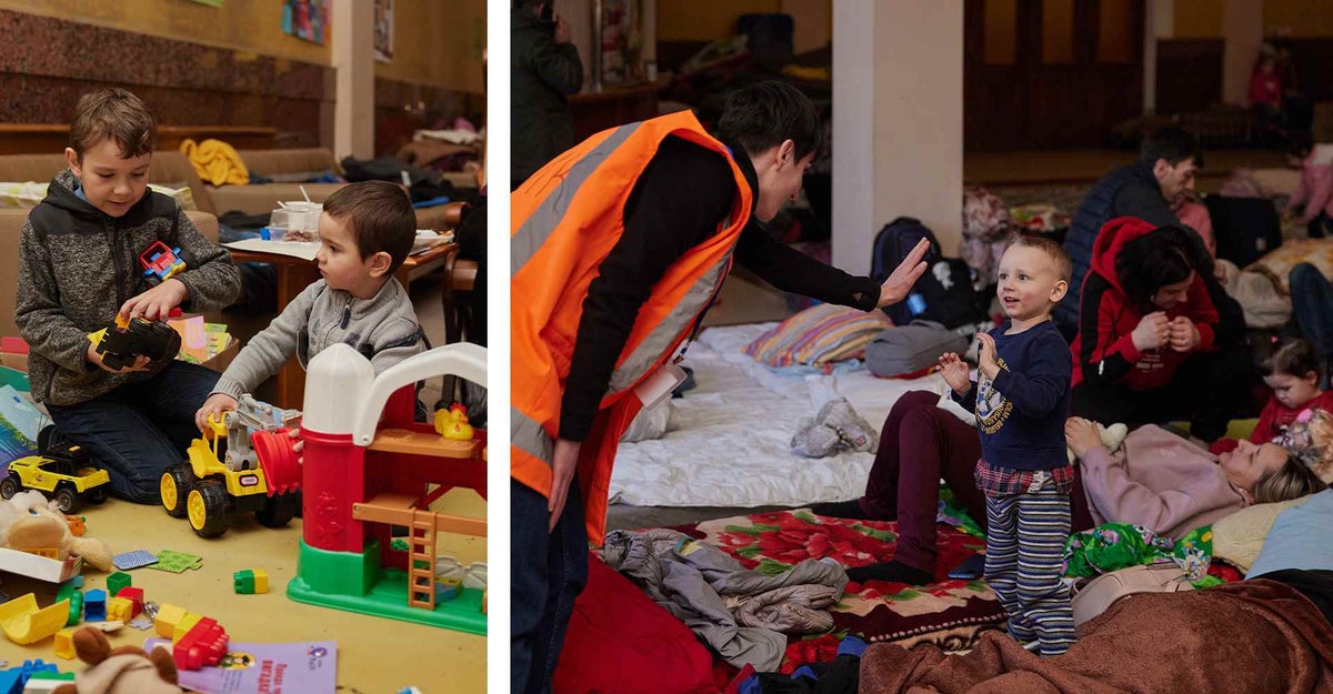 A waiting area in a train station in Ukraine has been converted into a mother and baby space for families fleeing the war.