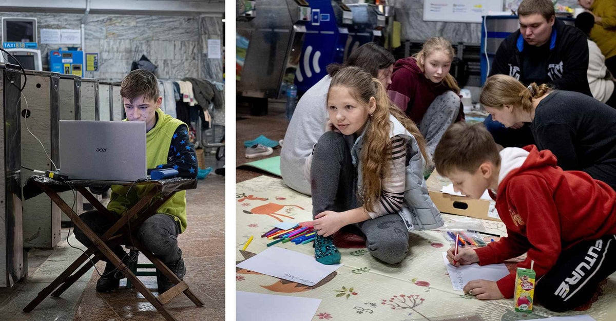 Left, Dmytro, 12, does homework in a subway station in Kharkiv, where they are sheltering and right, Viktoriia (centre), nine, participates in an English language class.