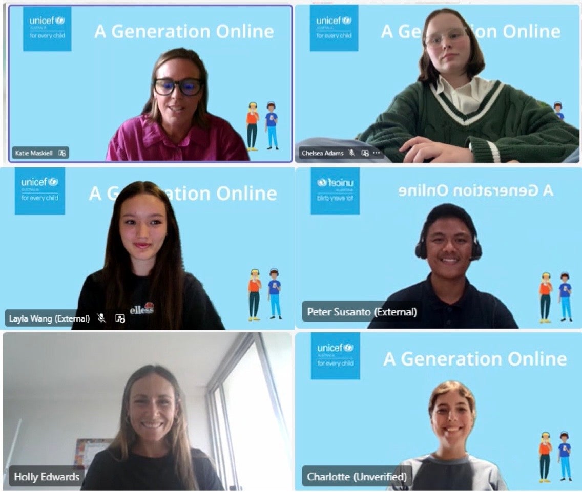 A screenshot of Charlotte and other Young Ambassadors and UNICEF Australia staff on a webinar Teams call.