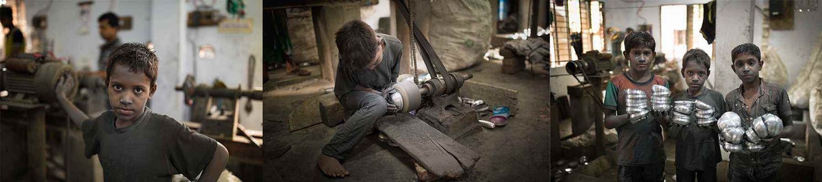 In Bangladesh, 10-year-old Tarek, left , works in an aluminium factory in Kamrangirchar, Dhaka.