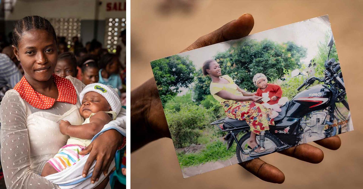 Mama Bwanga, 25, holds her son, Dieu Merci, 1 month, as they wait to be seen at a health clinic and right Bwanga holds a photo taken of her son Prince, then 21 months.