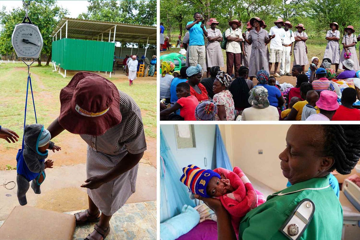 A Village Health Worker weighs a five-month-old baby using a UNICEF scale as a part of a malnutrition screening conducted for all babies and their mothers as they arrive at the rural healthcare clinic