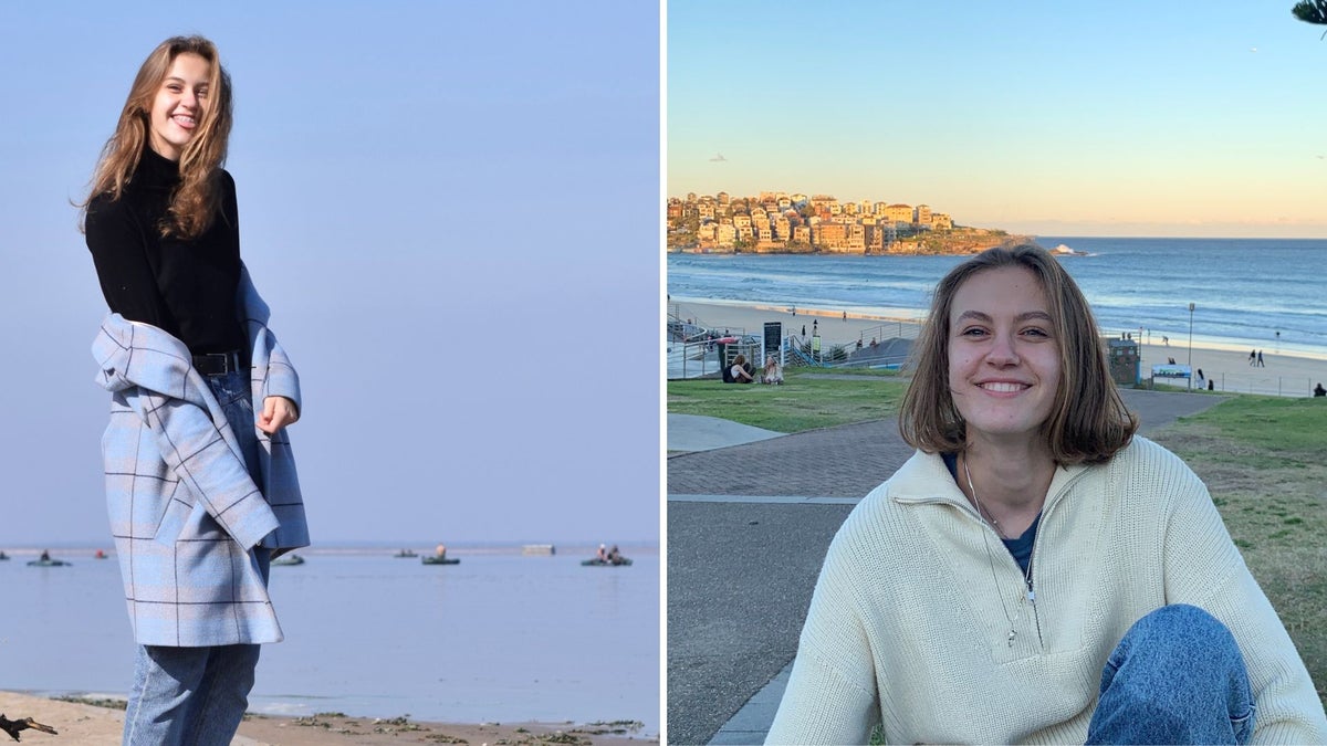 A young Ukraine girl standing along the river in Cherkasy, and later in front of Bondi Beach