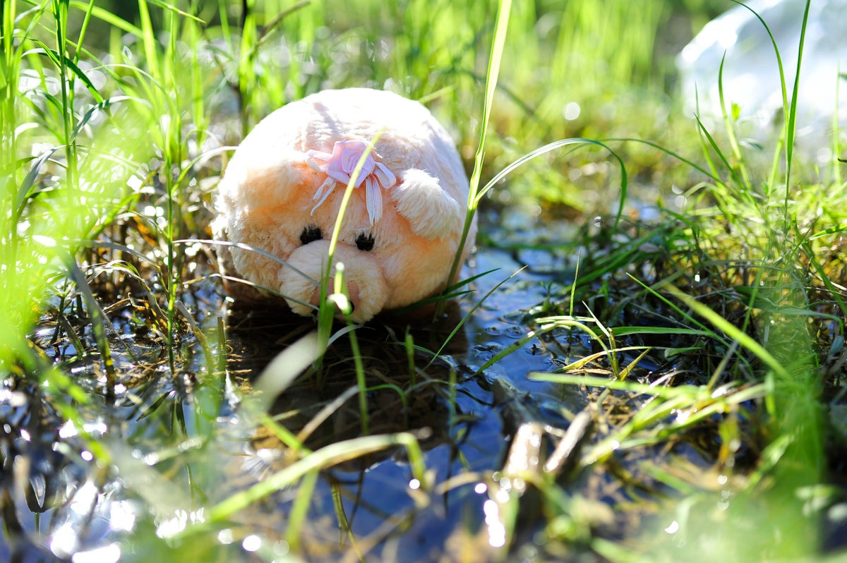 A toy pig is forgotten lying in a puddle in the field between the Greek border and the reception center near the town of Gevgelija