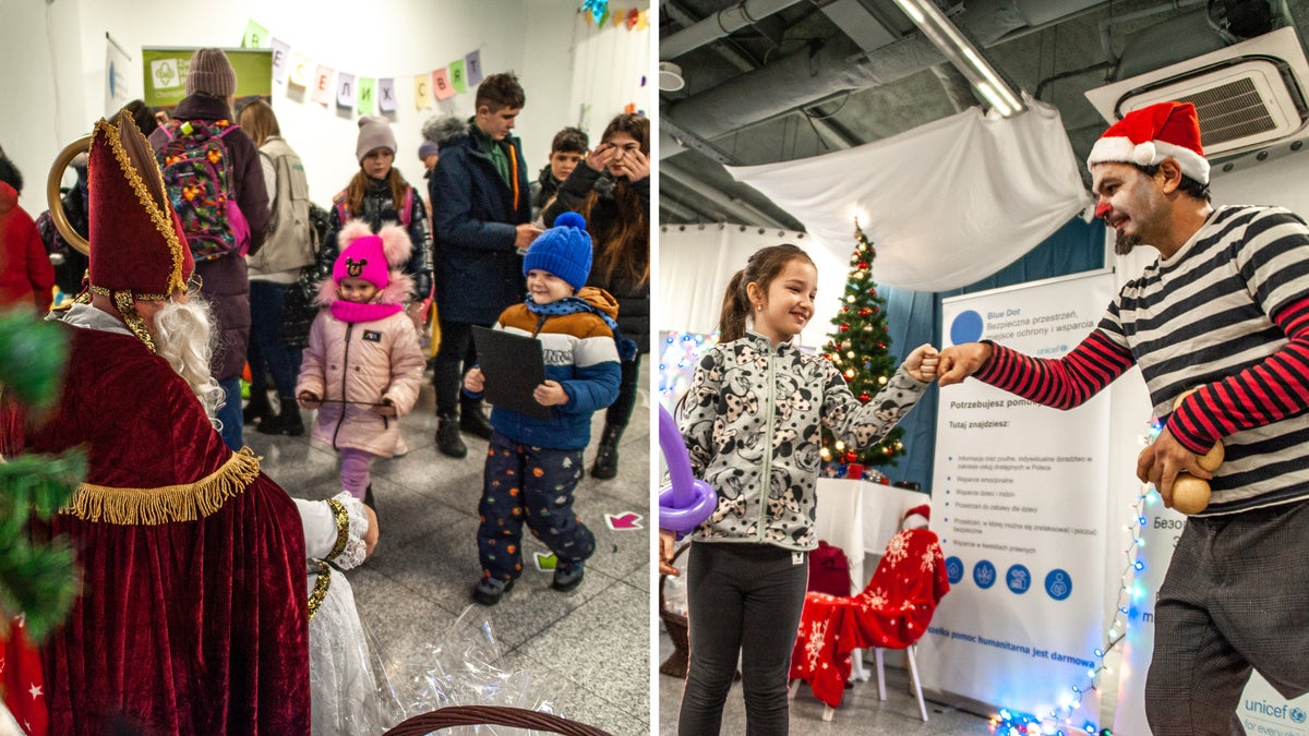 Refugee children receive UNICEF backpacks and footballs as gifts from St. Nicholas and excitedly participate in a show from a volunteer Christmas clown.