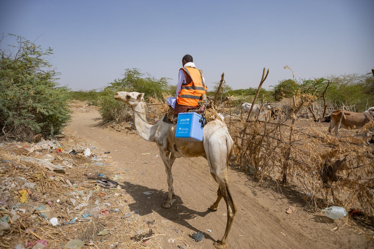 A health worker in Sudan rides on a camel to vaccinate children during a door-to-door polio vaccination campaign.