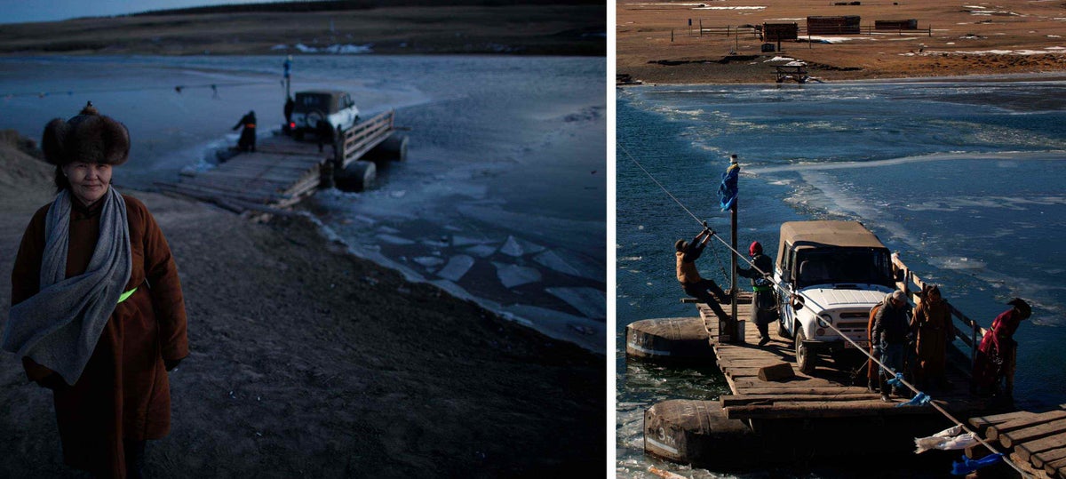 team of measles and rubella vaccinators use a hand-drawn ferry to transport a jeep across an icy body of water. Peta part of a team of vaccinators, travels a long journey to reach children